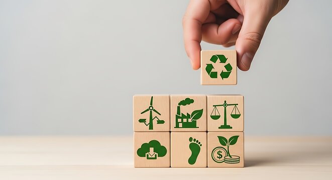 Hand placing a recycling symbol block on a stack of blocks with environmental icons, representing sustainability and ecofriendly practices