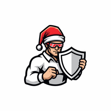 Mascot illustration muscleman santa holds shield Christmas character style