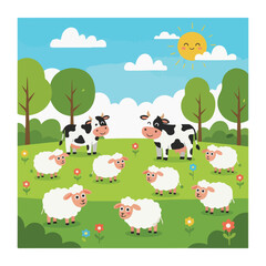 Cartoon illustration of two cows and several sheep grazing in a green field with trees, flowers, clouds, and a smiling sun.