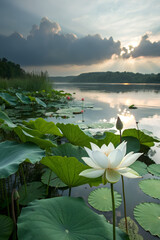 White lotus flower and lotus plants in lake