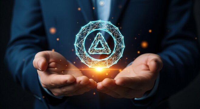 Businessman holding a glowing digital triangle in a futuristic network sphere, representing innovation and technology.