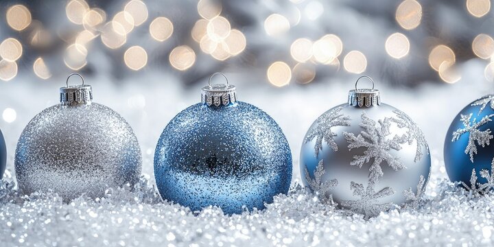 A row of blue and silver Christmas ornaments with snowflakes, set against a white background with bokeh lights.