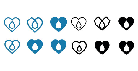 Various heart-shaped water drop icons in blue and black styles aligned horizontally