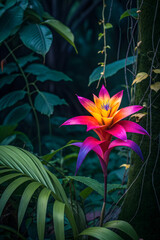 Colorful flower against dark tropical foliage
