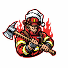 Vector illustration Christmas firefighter mascot with axe and santa hat