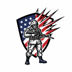 Vector illustration of soldier with american flag shield badge design template