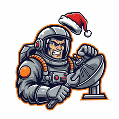 Cartoon astronaut repairing satellite dish wearing santa hat illustration graphic