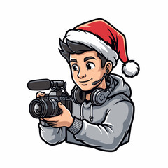 Cartoon character cameraman wearing santa hat capturing holiday video