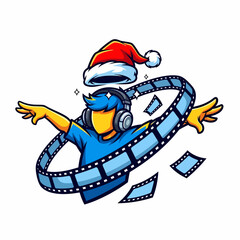 Cartoon character DJ with Santa hat filmstrip audio equipment celebration