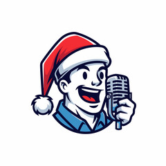 Cartoon character singing wearing santa hat holding retro microphone