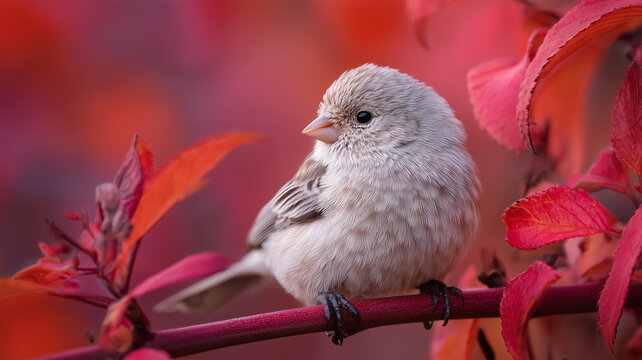 白と灰色の小鳥が秋の葉の枝に佇む光景