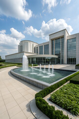 Exterior view of modern cultural museum with fountain and clouds