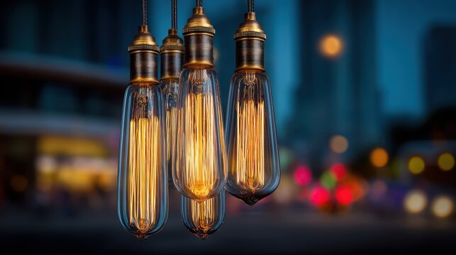 Four illuminated Edison light bulbs with urban bokeh background - Powered by Adobe