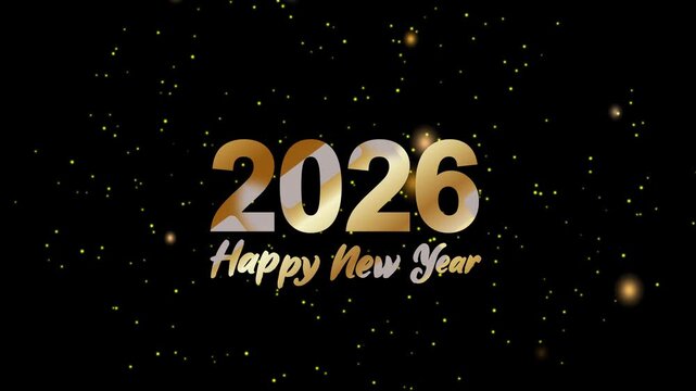 Happy New Year 2026 Celebration Golden text 4k video with Fireworks, snowfall and lighting sparkle,  Animated midnight happy new year 2026 Social Media Wishes, Greetings, firecracker new year's eve.