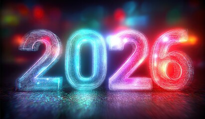 Word 2026 in glowing holographic style with colorful light effects and bokeh background featuring vibrant colors and intricate patterns for elegant futuristic appearance.