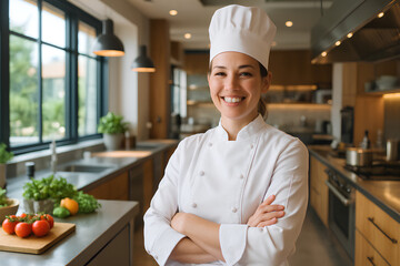 A happy female chef in a white uniform poses proudly inside a bright commercial kitchen.