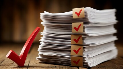 Stacks of Completed Paperwork with Red Check Mark Symbolizing Approval and Organization in a Work Environment