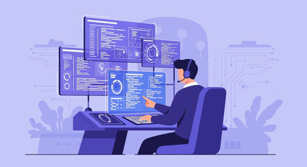 Software developer working at multiple screens writing code for a new application project