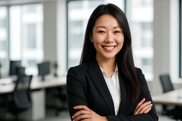 Confident corporate Chinese Asian professional woman smiling inside a bright office environment.