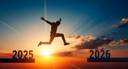 A silhouette of a person jumping from the year 2025 to 2026, cinematic concept art against a blue sky with dramatic sunset lighting, UHD.