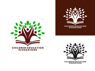 People tree with Book combination logo design vector template. People education logo design vector. Education logo icon