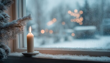 Lit candle rests beside snow dusted evergreen branch near a window overlooking a wintry scene