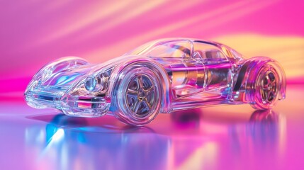 Transparent toy car model with intricate details, illuminated by vibrant pink and blue lighting, showcasing a modern design and artistic craftsmanship in a creative setting