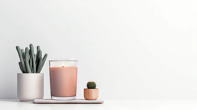 A minimalist arrangement featuring a potted plant, a lit candle in a glass holder, and a small cactus in a wooden pot, set against a clean white backdrop. - Powered by Adobe
