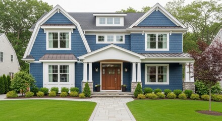Fototapeta premium Elegant Navy Blue House A Picture-Perfect Two-Story Home with Stone Path
