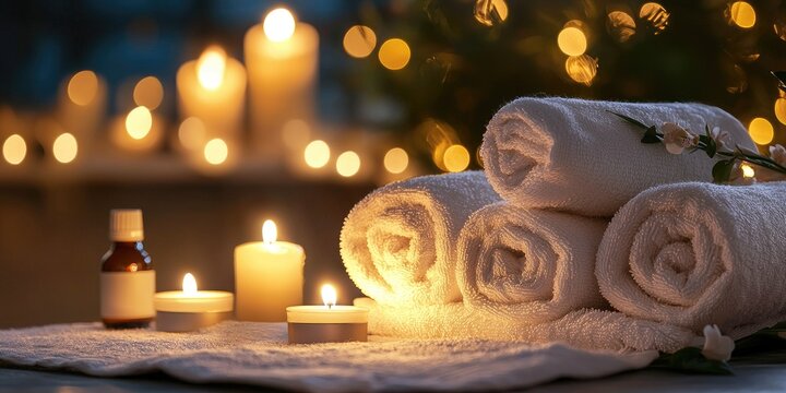 A serene spa setting with rolled towels, candles, and a white towel on a wooden table with a blurred background of fairy lights.