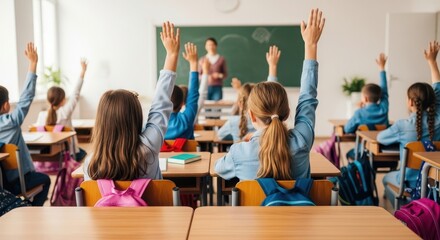 Eager elementary students raise hands in a bright classroom, engaging with their teacher at the chalkboard, promoting active learning and participation