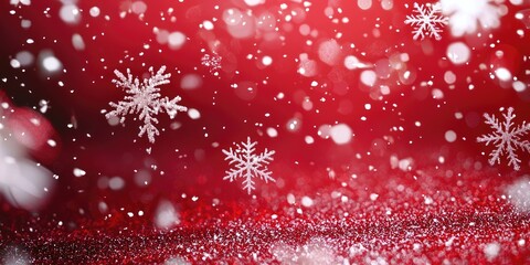 A red and white Christmas background with snowflakes falling, featuring a red and white Christmas tree in the background.