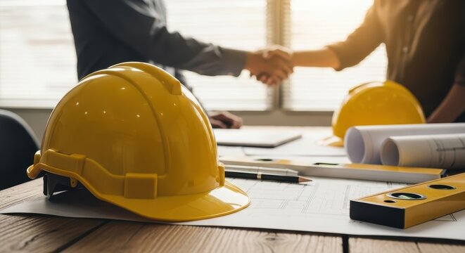 Close-up on a yellow hard hat with two engineers or architects shaking hands in the background over architectural plans