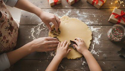 Top-down view of hands making Christmas cookies with cutters