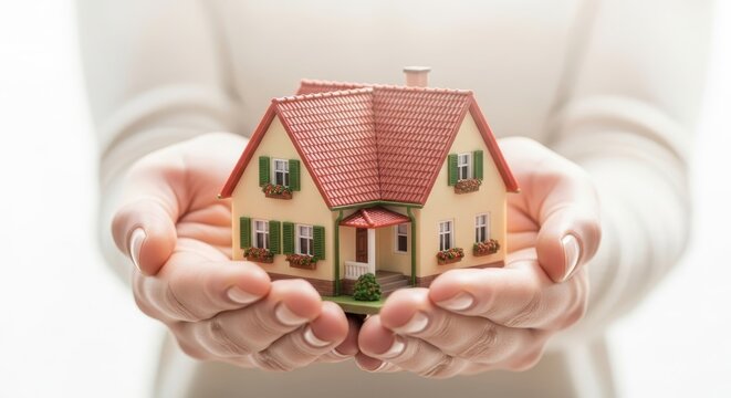 Close-up shot of a miniature house held in open hands, symbolizing property, homeownership, real estate, and financial security - Powered by Adobe