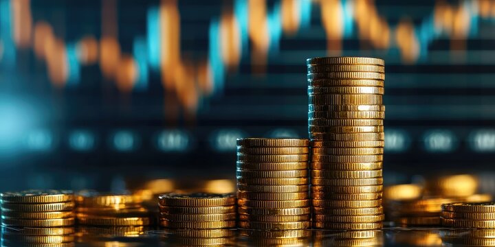 Stacks of gold coins with a stock market graph in the background.