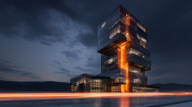 未来的な光るコアを持つ本社ビル