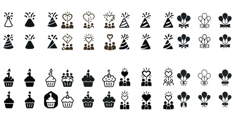 Black and brown celebratory icons for birthdays and parties