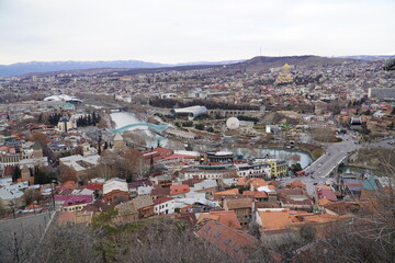 View of the Old Town of Tbilisi, Georgia, with the ancient Narikala fortress towering over it.