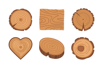 Wood slice illustration set, round log cross sections, wooden plank block, heart slice, oval cut, lumber texture vector