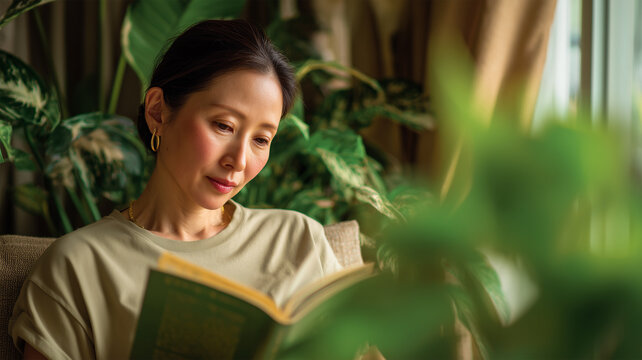 女性が室内で読書する落ち着いた時間