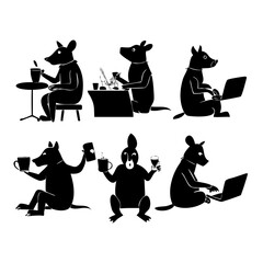 Set of six black animal silhouettes engaged in various activities like using a laptop, reading, and drinking coffee, isolated on white background technology background See Less