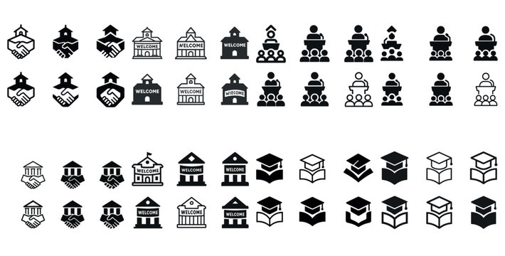 Icons of education: diverse symbols including schools, graduations, handshakes, and welcome signs
