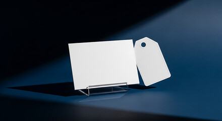 Blank white card in clear stand with product tag, blue backdrop