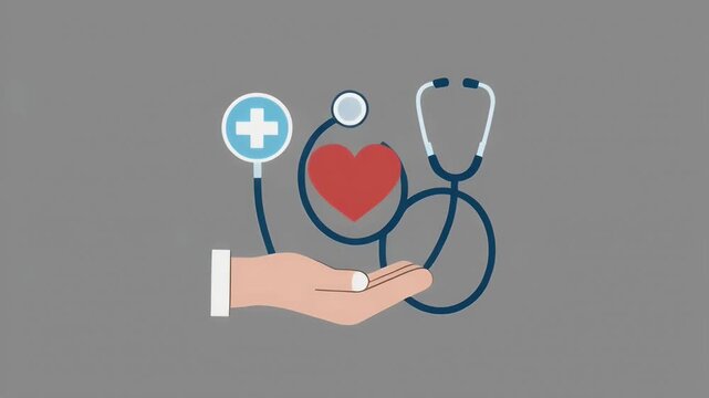 Healthcare and wellness icon with hand heart and stethoscope medical graphic illustration