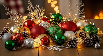 “Colorful Christmas ornaments with sparkling lights, festive celebration scene, traditional red green baubles, warm winter decoration for holiday backgrounds.”