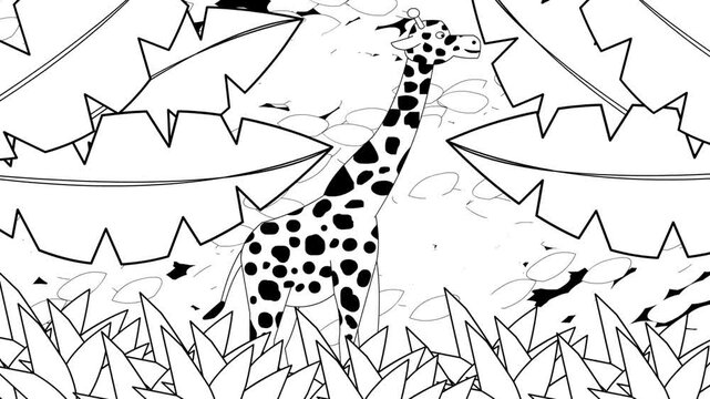 Animated video of a giraffe in black and white cartoon style, art, animal, 2D.
