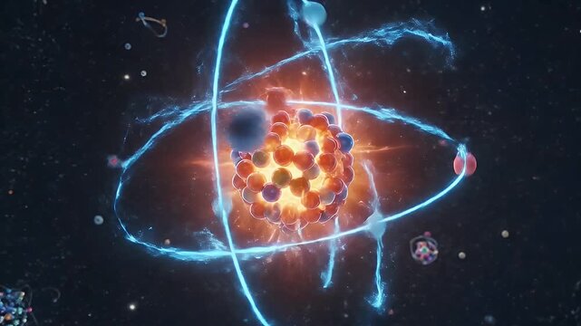 Dynamic 3D animation depicting a stylized atom or molecule. A glowing core and orbiting luminous blue energy paths with particles against a dark background. Great for science, technology, and educatio