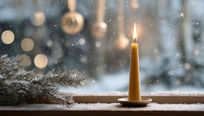 Tall lit candle rests upon a snowy windowsill during a winter snowfall