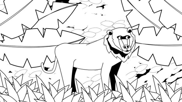 Animated video of a monkey in black and white cartoon style, art, animal, 2D.